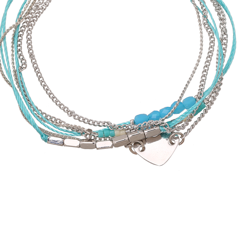 Armband wrap fijn Beads & Heart zilver-blue