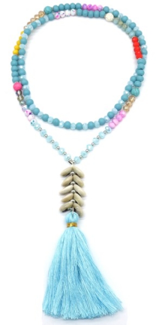 Ketting lang Boho schelpen & tassel multi-blauw